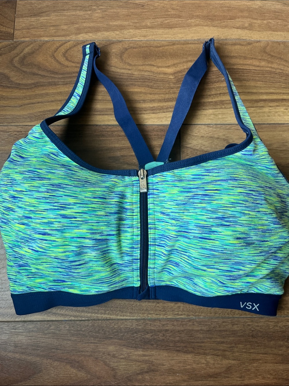 Victoria's Secret VSX Front-Zip Sports Bra in Neon Green and Navy